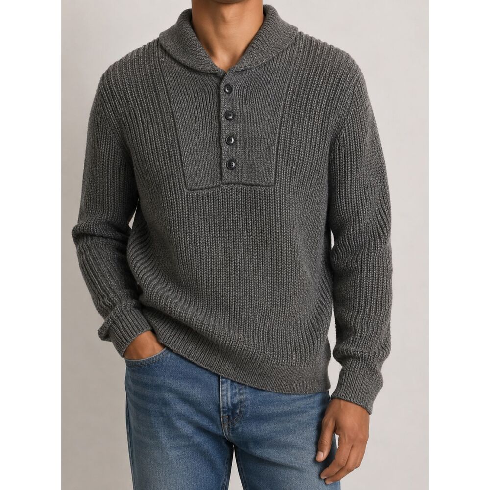 Eddie Bauer Men’s M Chunky Knit Shawl Collar Henley Sweater Gray 100% Cotton